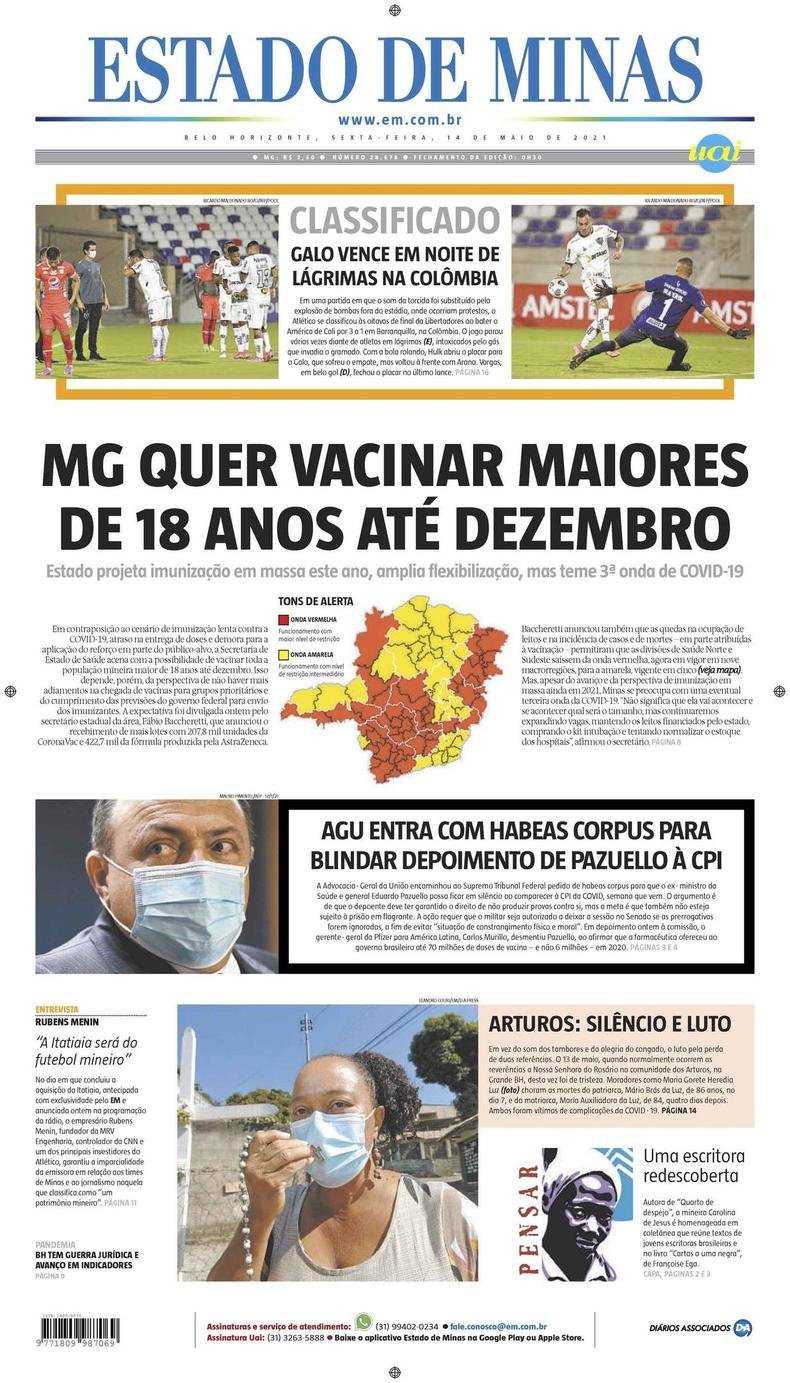 Confira a Capa do Jornal Estado de Minas do dia 14/05/2021(foto: Estado de Minas)