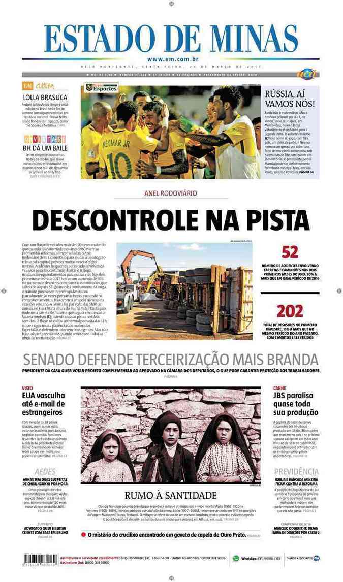 Confira a Capa do Jornal Estado de Minas do dia 24/03/2017