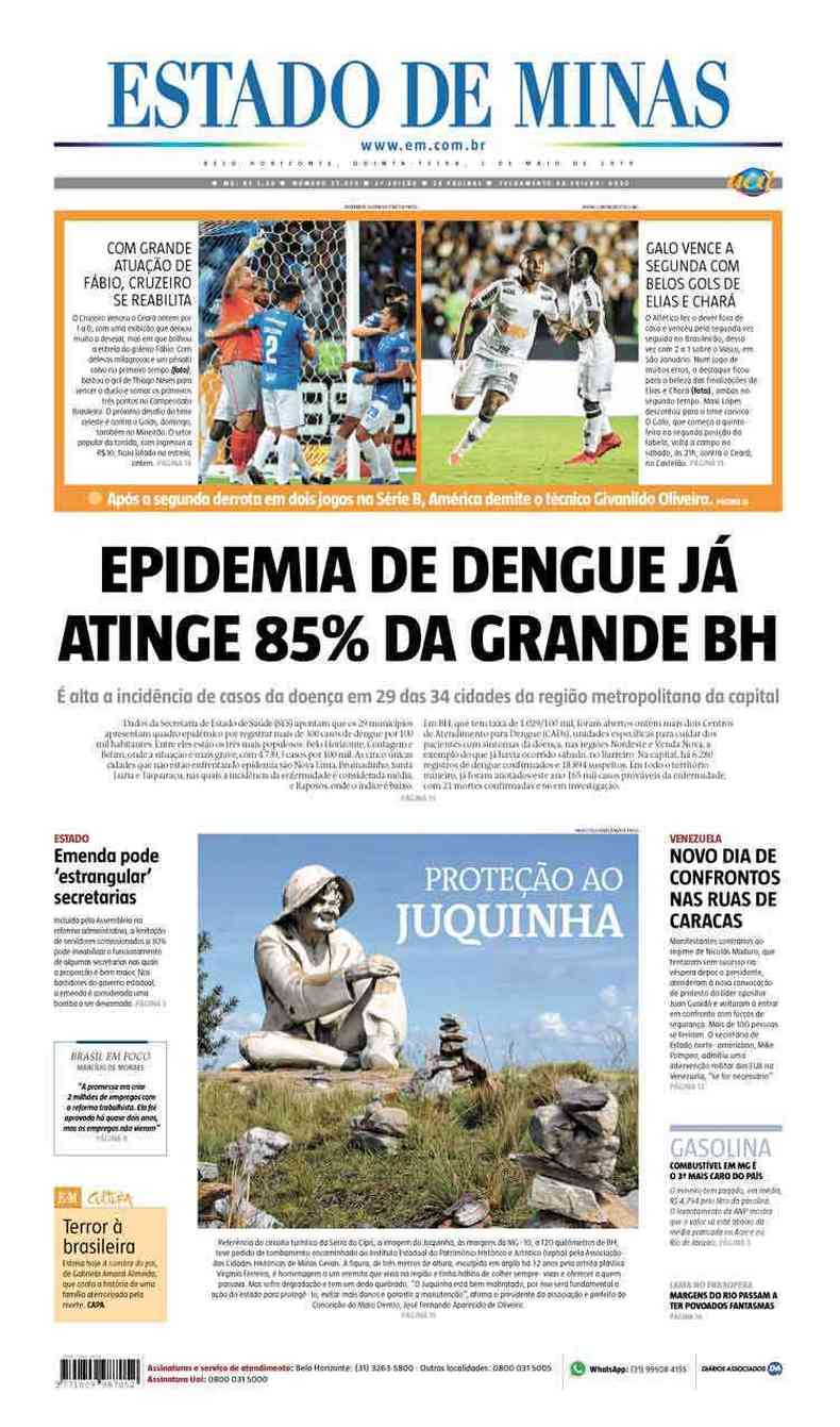 Confira a Capa do Jornal Estado de Minas do dia 02/05/2019(foto: Estado de Minas)