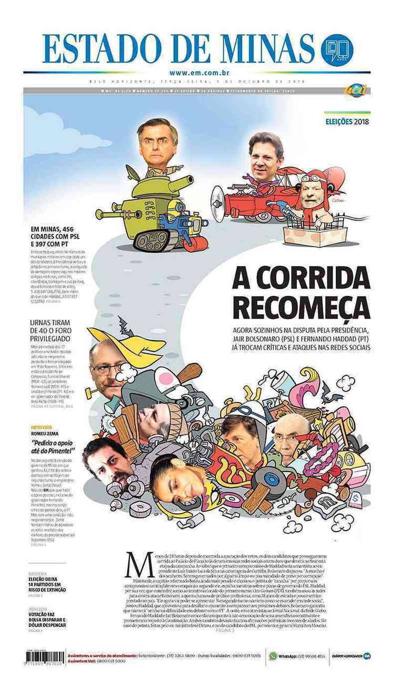 Confira a Capa do Jornal Estado de Minas do dia 09/10/2018(foto: Estado de Minas)