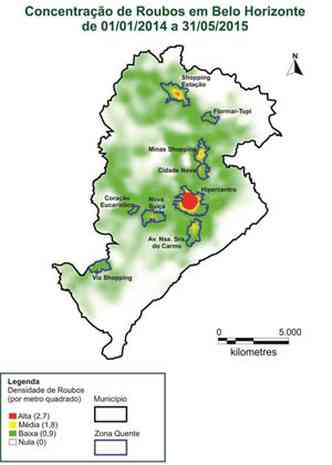 Mapa mostra as reas com o maior nmero de roubos (clique para ampliar)(foto: Seds/Divulgao)