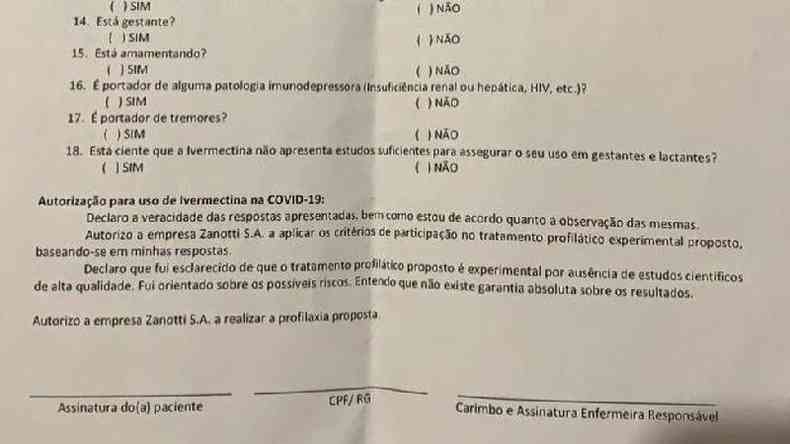 Formulrio recebido por funcionrios da Zanotti obtido pela BBC News Brasil