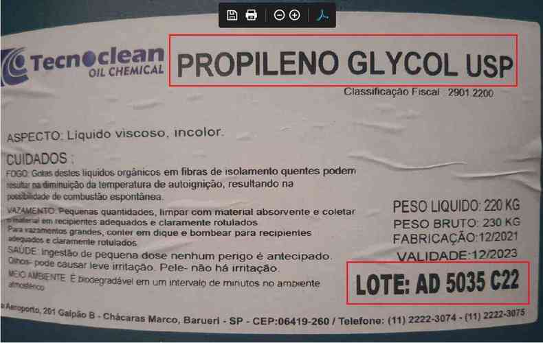 Rtulo de galo de propilenoglicol adquirido pela empresa Tecno Clean