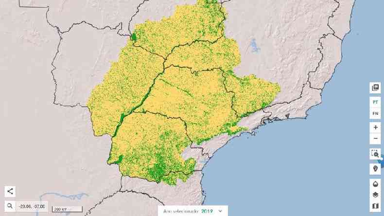 Mapa da bacia hidrogrfica do Paran em 2019: em amarelo, reas que j foram transformadas pela ao humana; em verde, vegetao natural remanescente(foto: MapBiomas)
