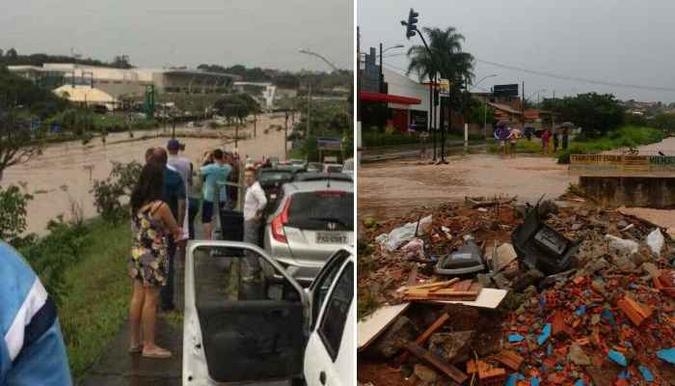 Corrégo transbordou e invadiu a pista da Avenida Juíz Marco Túlio Isaac, em Betim(foto: Reprodução/Whatsapp) Corrégo transbordou e invadiu a pista da Avenida Juíz Marco Túlio Isaac, em Betim(foto: Reprodução/Whatsapp)