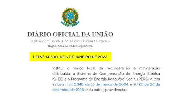 Captura de tela feita em 13 de janeiro de 2023 da Lei n 14.300, publicada no Dirio Oficial da Unio 