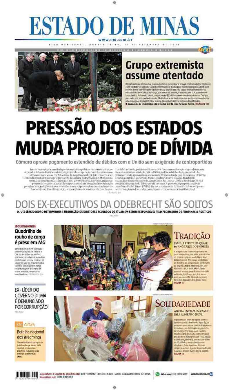 Confira a Capa do Jornal Estado de Minas do dia 21/12/2016