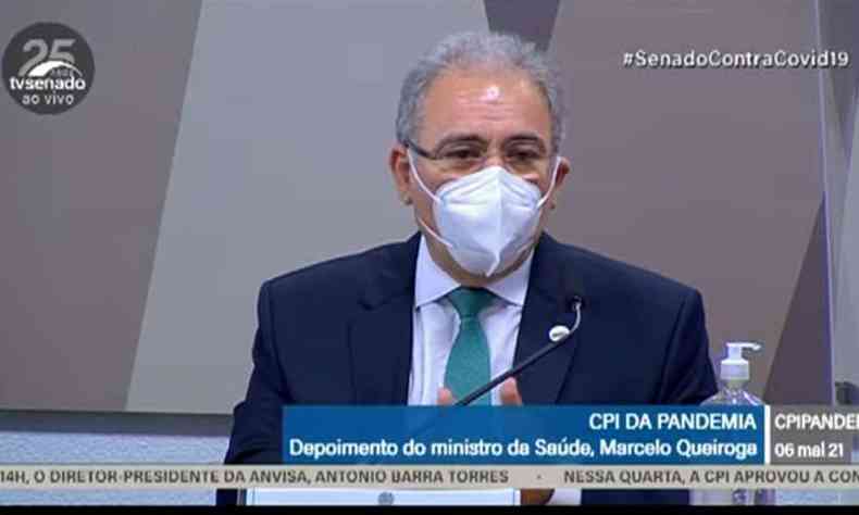 Ministro da Sade, Marcelo Queiroga, nesta quinta-feira (6/5) na CPI da COVID no Senado(foto: Reproduo/TV Senado)