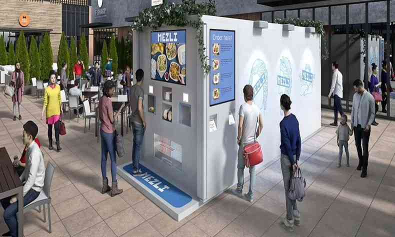 Imagem projetada com um cubo branco com telas com imagens de comidas e pessoas passando, simulando um restaurante.