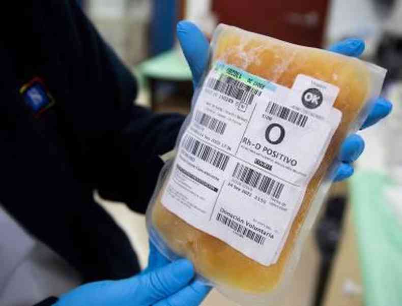 A laboratory technician shows a bag of frozen blood plasma from a donor who has recovered from COVID-19 at The Blood and Tissue Bank Fundation (Fundacion del Banco de Sangre y Tejidos) in Palma de Mallorca on October 5, 2020 as part of a research project that seeks to prove the effectiveness of plasma from recovered patients for the treatment of COVID-19 patients. / AFP / JAIME REINA