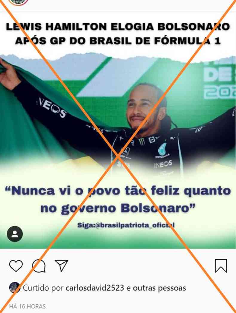 Print de postagem em rede social que informa, de forma enganosa, que o piloto Lewis Hamilton citou Bolsonaro em entrevista ao NYT, depois da vitria no GP de Interlagos