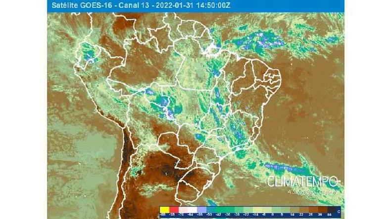 Encontro de 'rio voador' com frente fria cria zona de convergência na região do Atlântico Sul(foto: Climatempo) Mapa mostra zona de convergência do Atlântico Sul