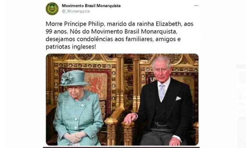 Movimento Brasil Monarquista postou esta foto, com Charles ao lado da me, para lamentar a morte do Prncipe Philip(foto: Twitter/Reproduo)