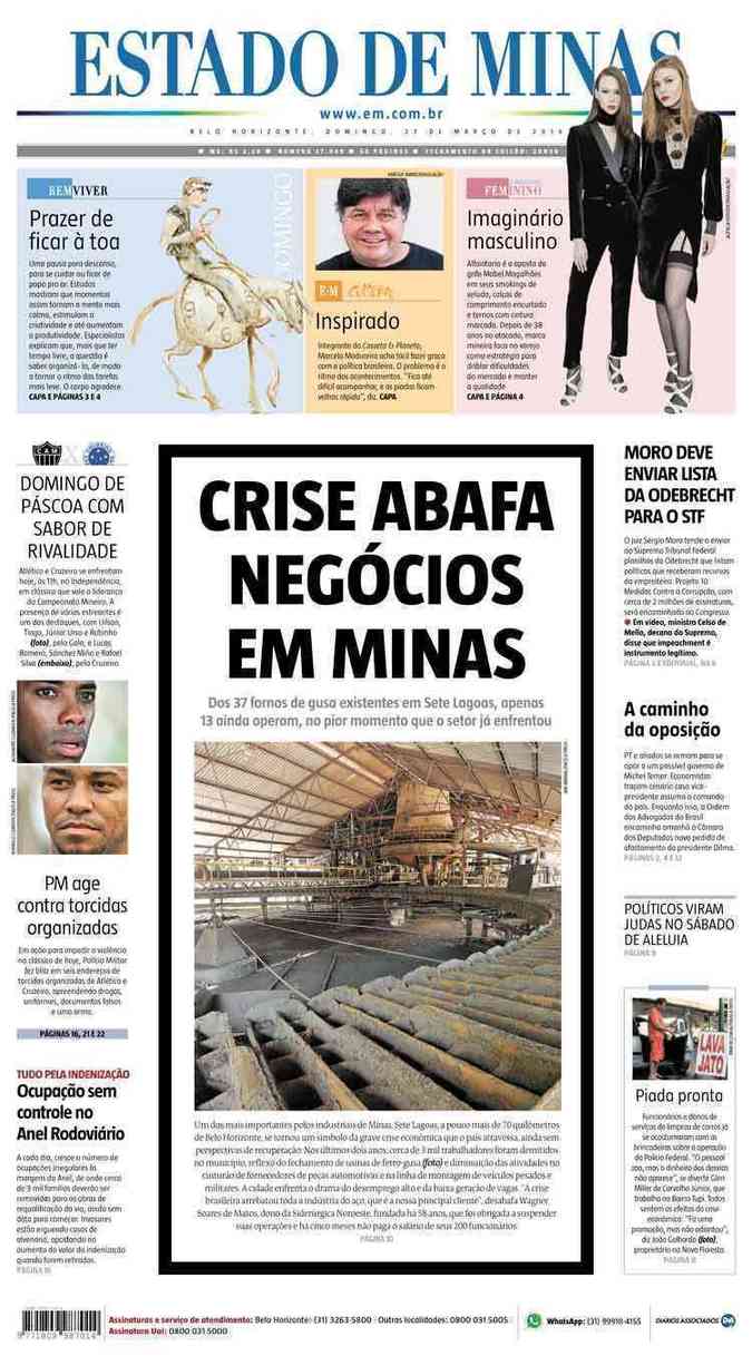 Confira a Capa do Jornal Estado de Minas do dia 27/03/2016