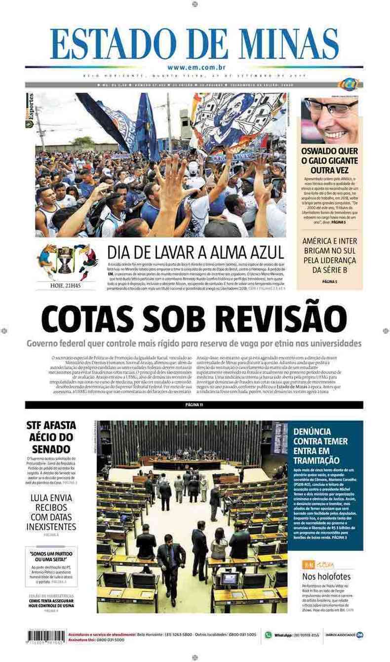 Confira a Capa do Jornal Estado de Minas do dia 27/09/2017