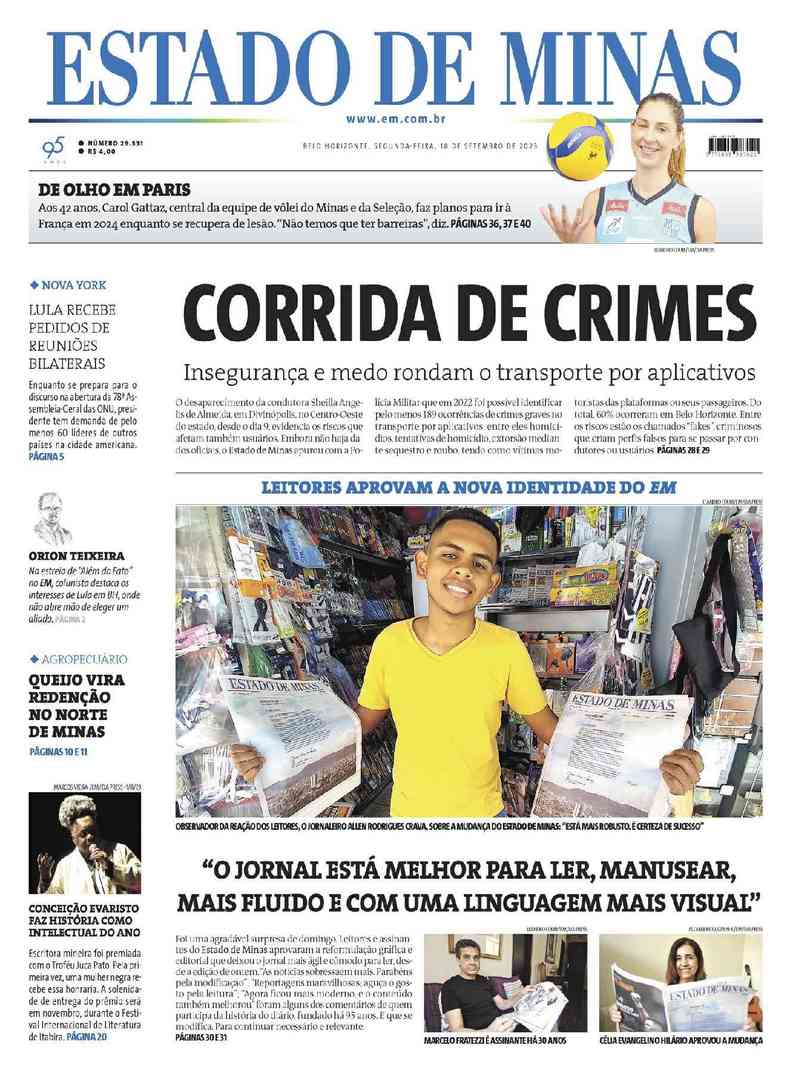 Confira a Capa do Jornal Estado de Minas do dia 18/09/2023
