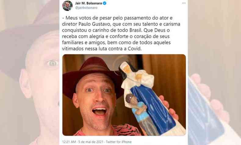 Tweet de Bolsonaro sobre a morte de Paulo Gustavo foi publicado nesta madrugada(foto: Reproduo da internet/Twitter)