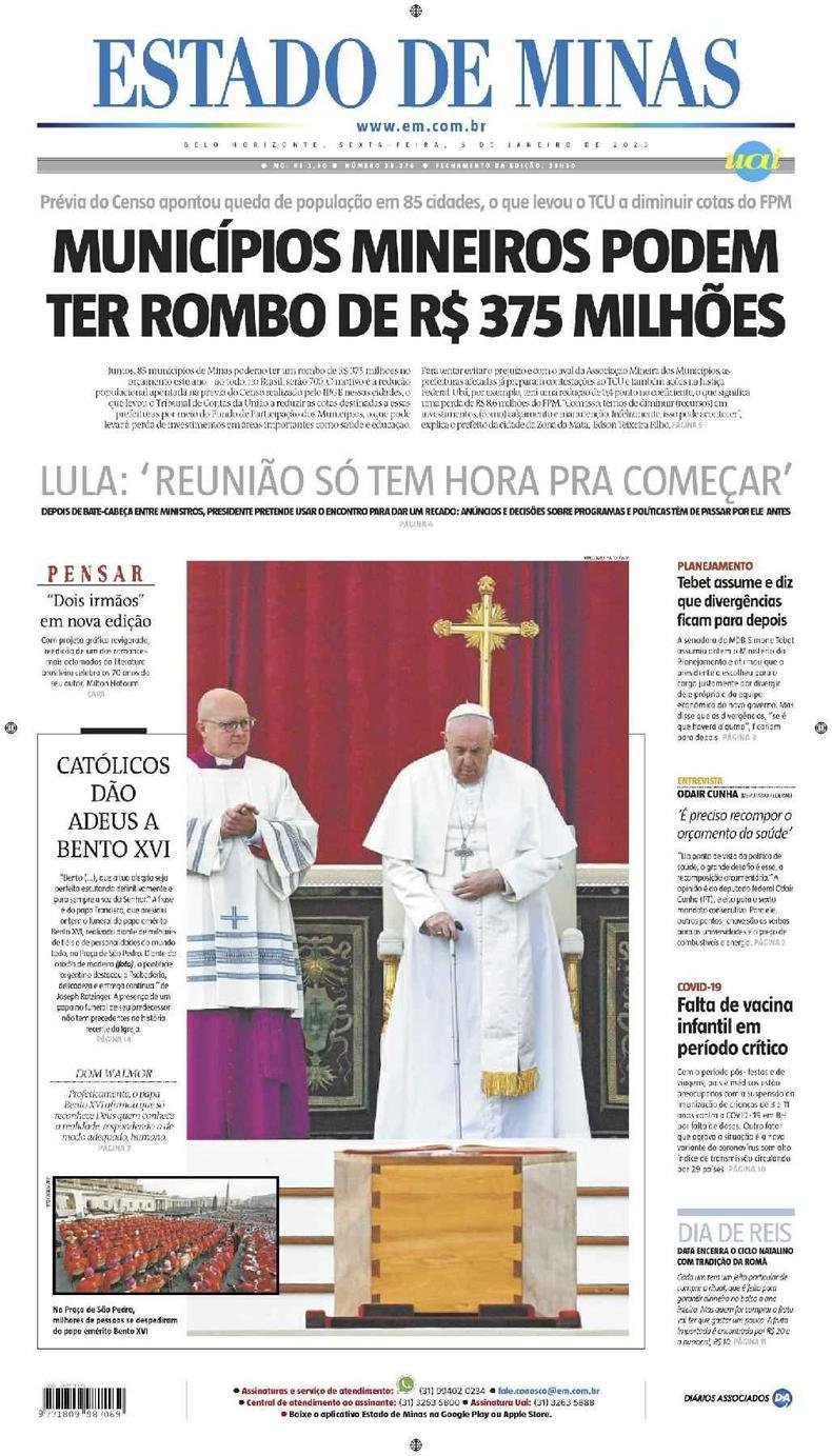 Confira a Capa do Jornal Estado de Minas do dia 06/01/2023