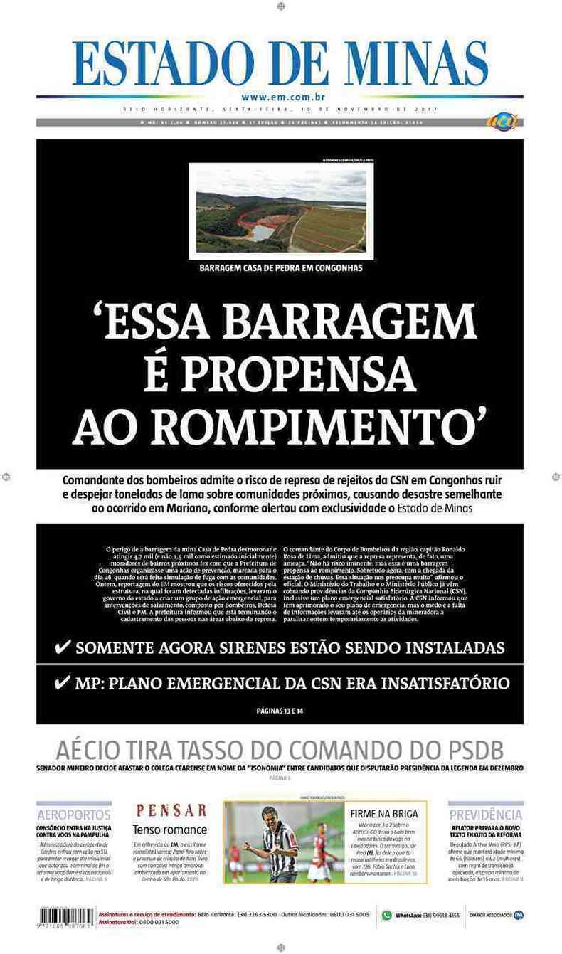 Confira a Capa do Jornal Estado de Minas do dia 10/11/2017
