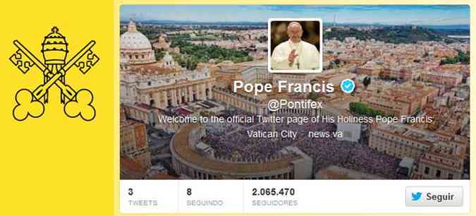 Conta em ingls do papa Francisco j tem mais de dois milhes de seguidores(foto: Reproduo Internet / www.twitter.com/pontifex)