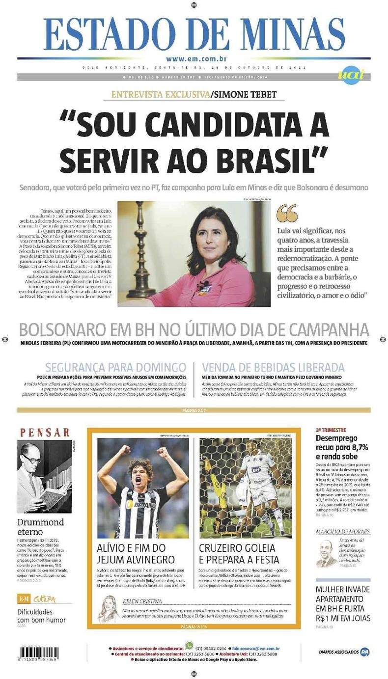 Confira a Capa do Jornal Estado de Minas do dia 28/10/2022