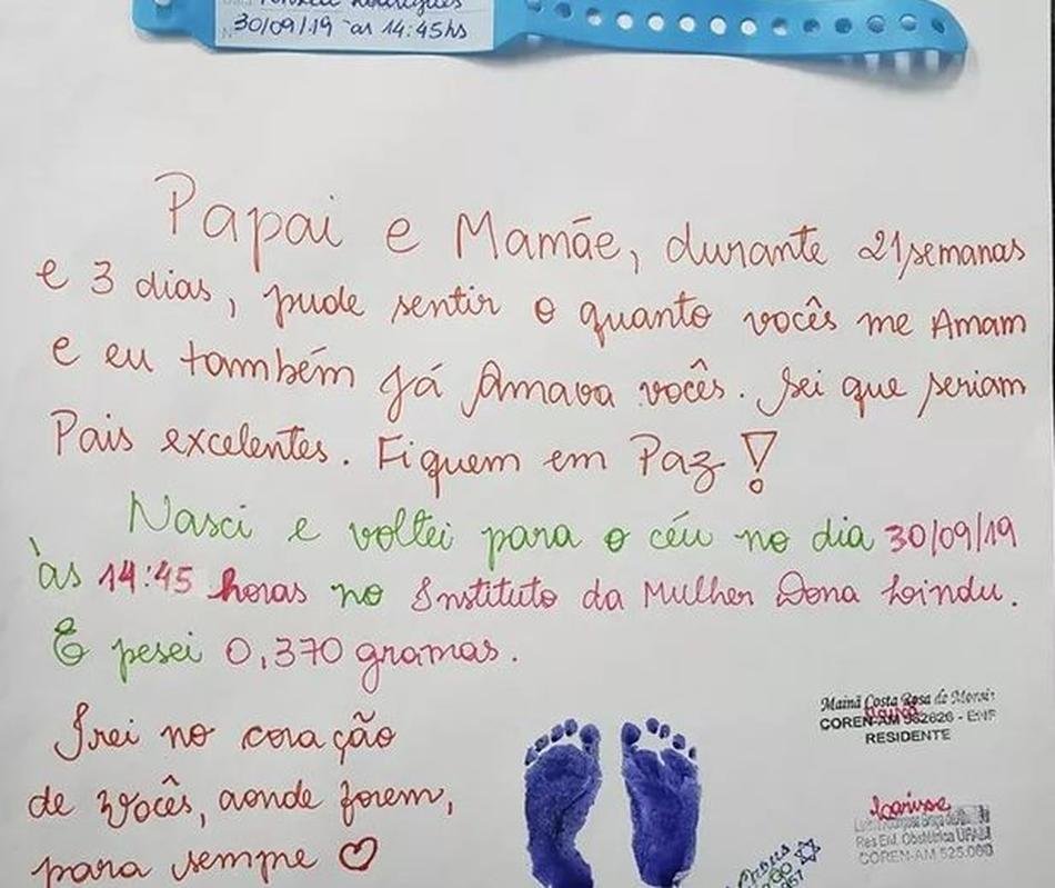 Enfermeiros escrevem carta para mãe que perdeu filho com 21 semanas de