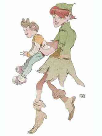 Ilustrao mostra figura semelhante a Peter Pan segurando uma criana
