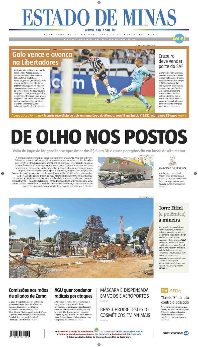 Confira a Capa do Jornal Estado de Minas do dia 02/03/2023