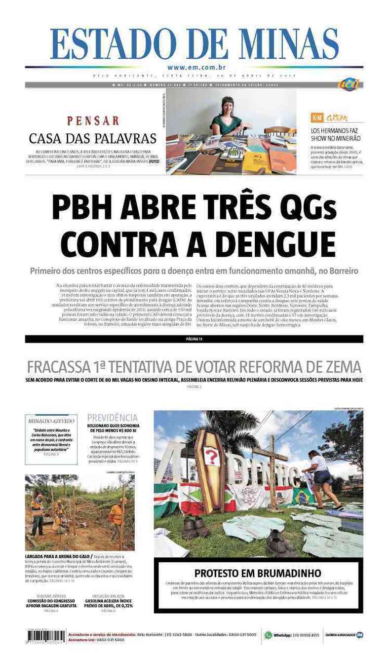 Confira a Capa do Jornal Estado de Minas do dia 26/04/2019(foto: Estado de Minas)