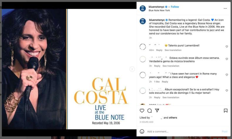 Gal gravou disco ao vivo no Blue Note com músicas de Tom Jobim, Vinicius, Ary Barroso, Dorival Caymmi(foto: Reprodução) Post do clube de jazz Blue Note sobre a morte de Gal Costa