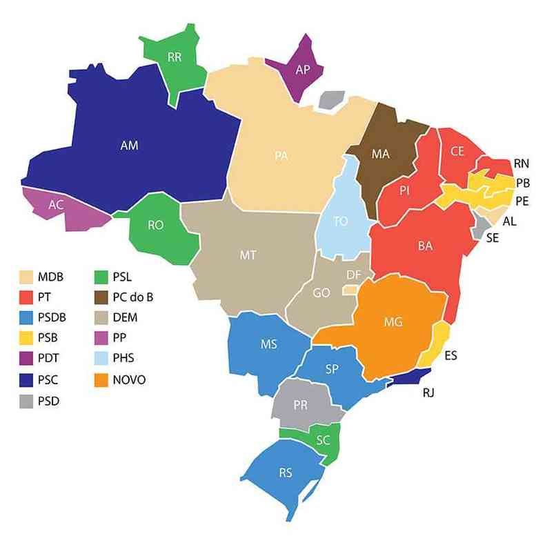 Mapa mostra quais partidos elegeram governadores em cada estado(foto: Arte/Hudson Franco)