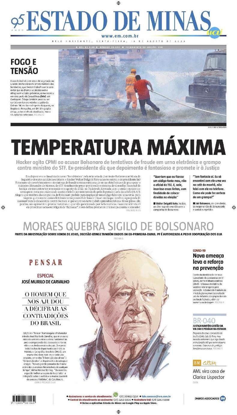 Confira a Capa do Jornal Estado de Minas do dia 18/08/2023