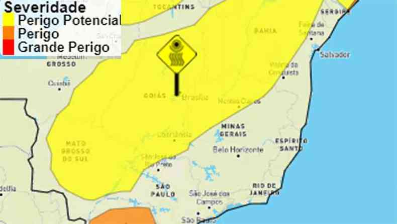 Mancha de baixa umidade (em amarelo) inspira cuidados para a populao da poro oeste e norte mineira(foto: Reproduo/Inmet)