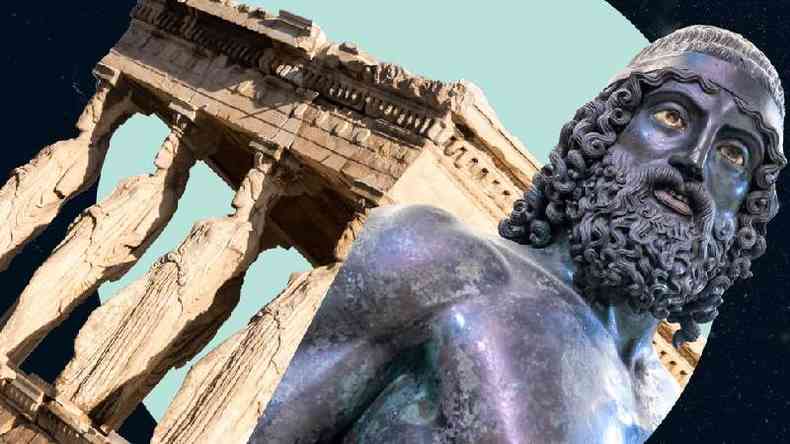 As Cariátides em mármore, e um dos Guerreiros de Riace, feito em bronze(foto: Getty Images)