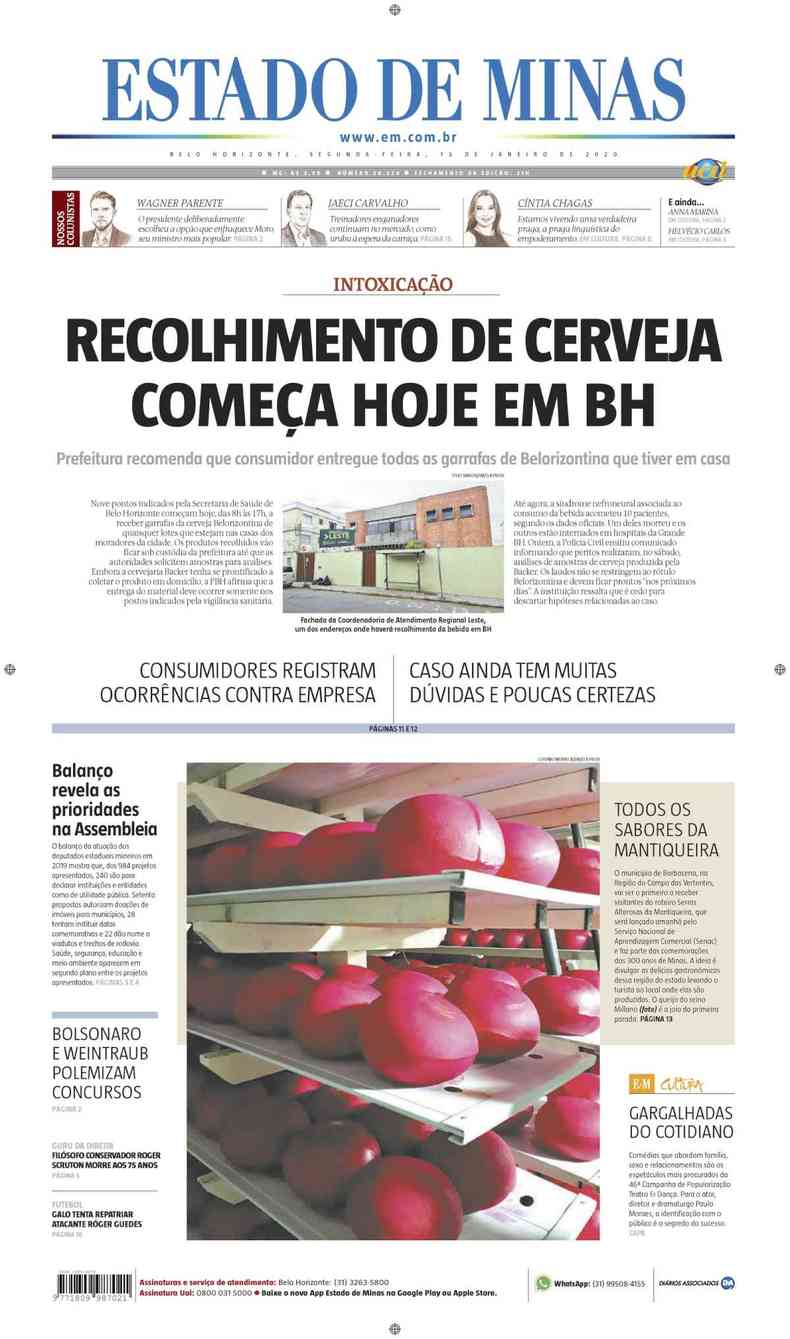 Confira a Capa do Jornal Estado de Minas do dia 13/01/2020(foto: Estado de Minas)
