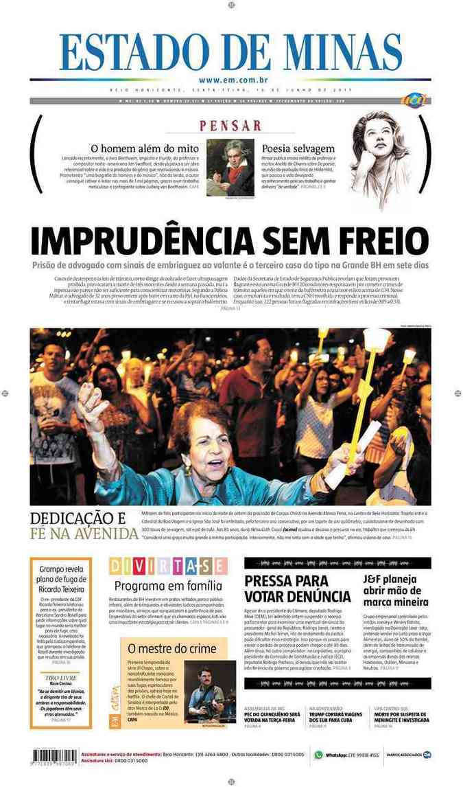 Confira a Capa do Jornal Estado de Minas do dia 16/06/2017