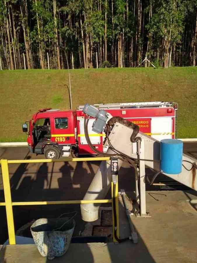 Bombeiros capturam jiboia encontrada sobre equipamento de estao de tratamento de esgoto em AraguariCorpo de Bombeiros/Divulgao