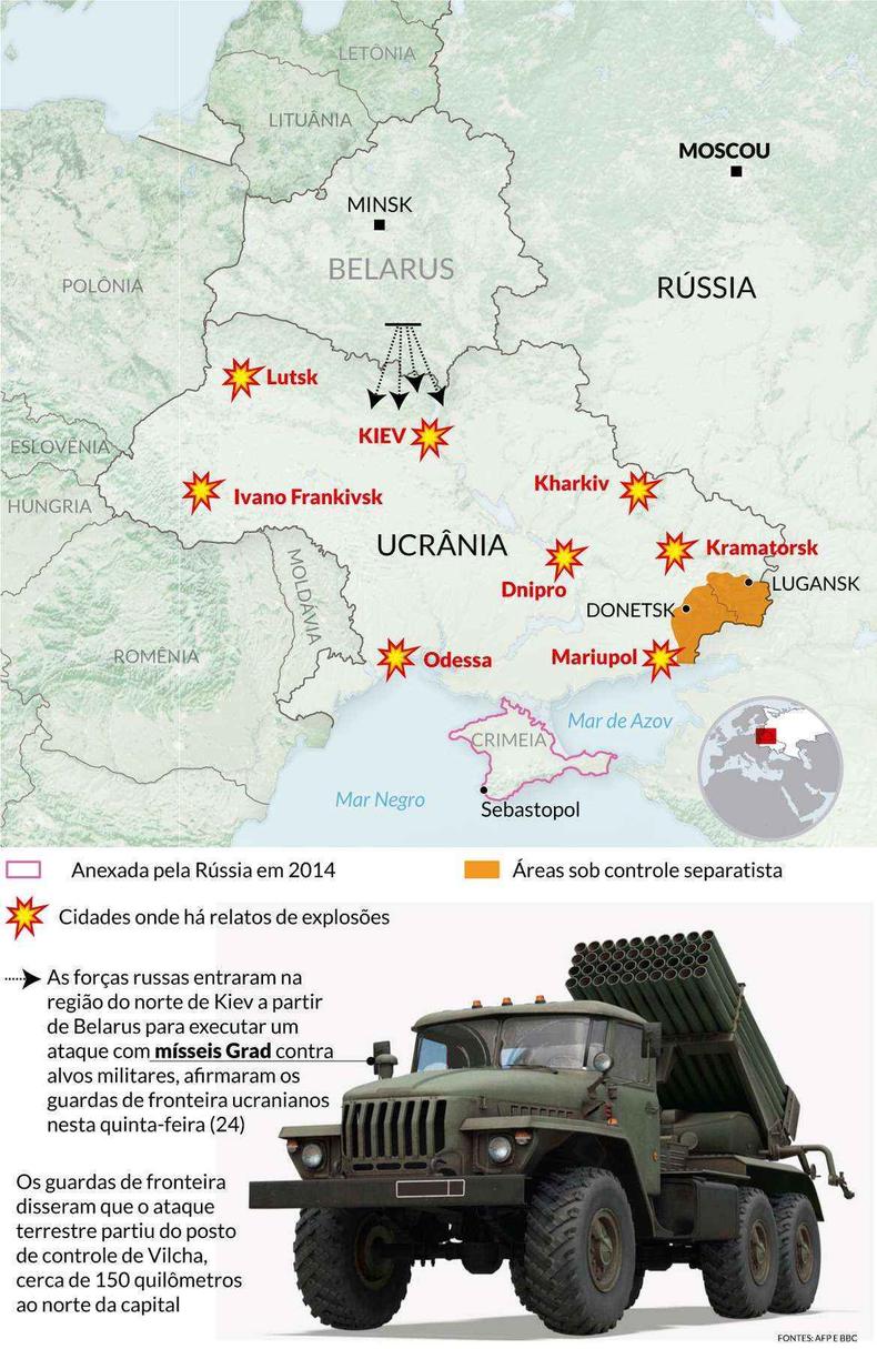 CIDADES UCRANIANAS ATACADAS PELA RÚSSIA(foto: Artes/EM/D.A press) CIDADES UCRANIANAS ATACADAS PELA RÚSSIA
