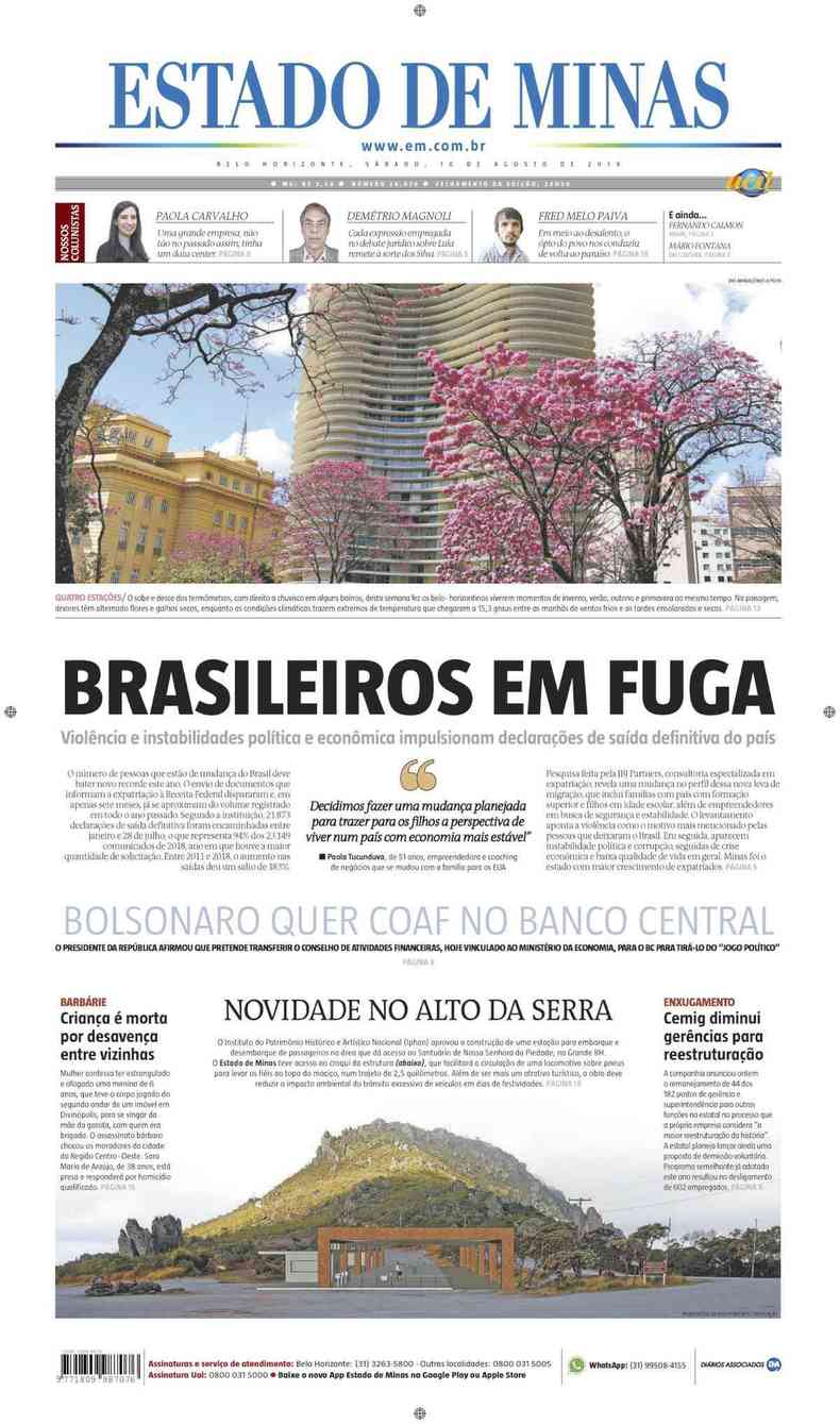 Confira a Capa do Jornal Estado de Minas do dia 10/08/2019(foto: Estado de Minas)