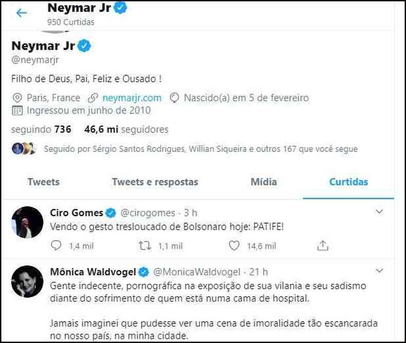 Na imagem, os posts curtidos por Neymar(foto: Reproduo/Twitter)