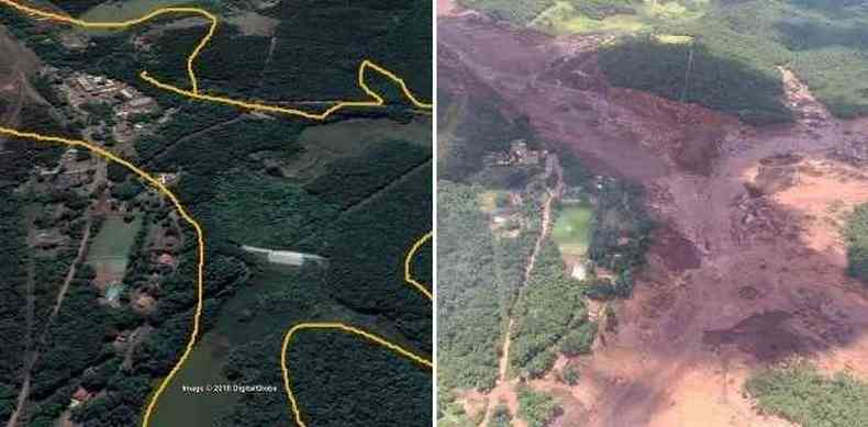 Imagens areas da regio onde se rompeu a barragem Crrego do Feijo antes e depois da tragdia(foto: Twitter/Guilherme Mascarenhas Maciel)