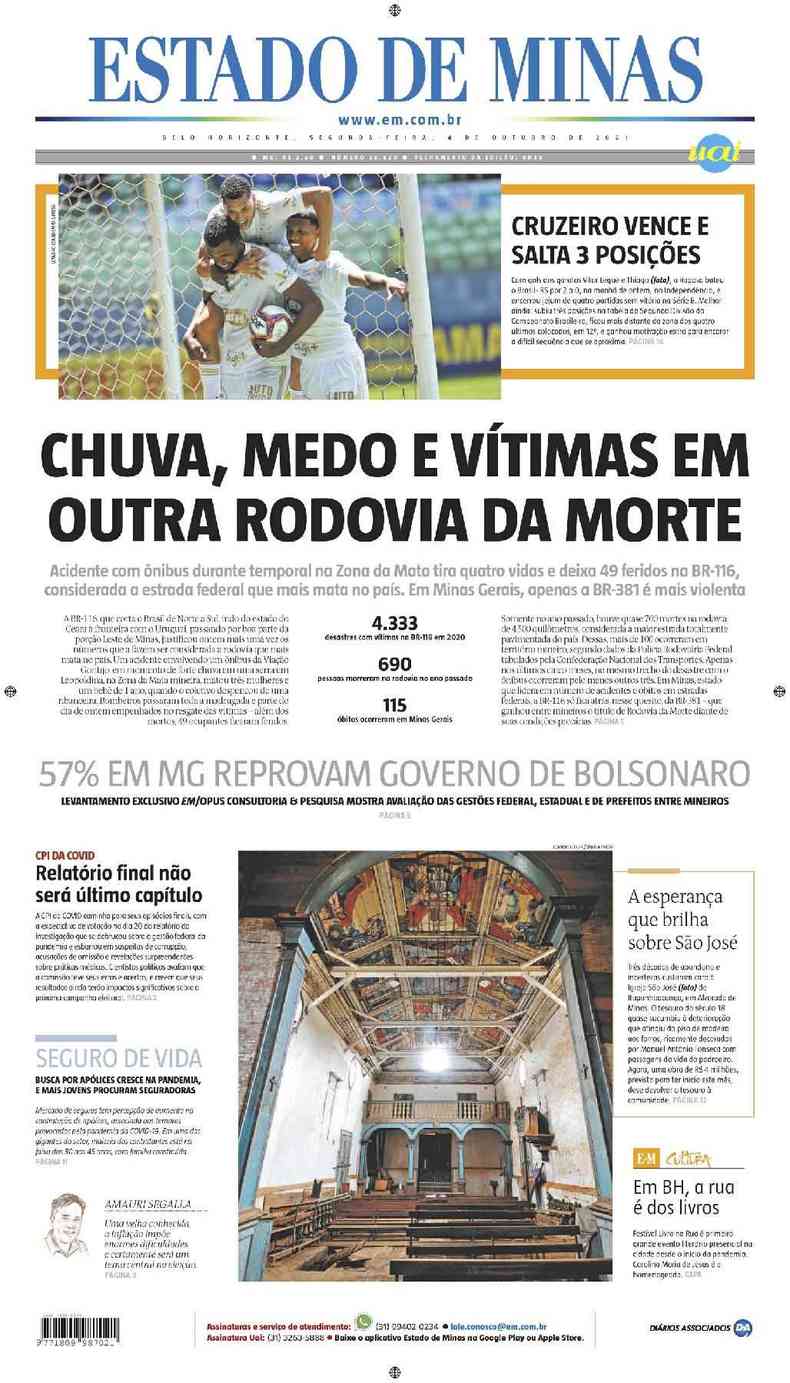 Confira a Capa do Jornal Estado de Minas do dia 04/10/2021