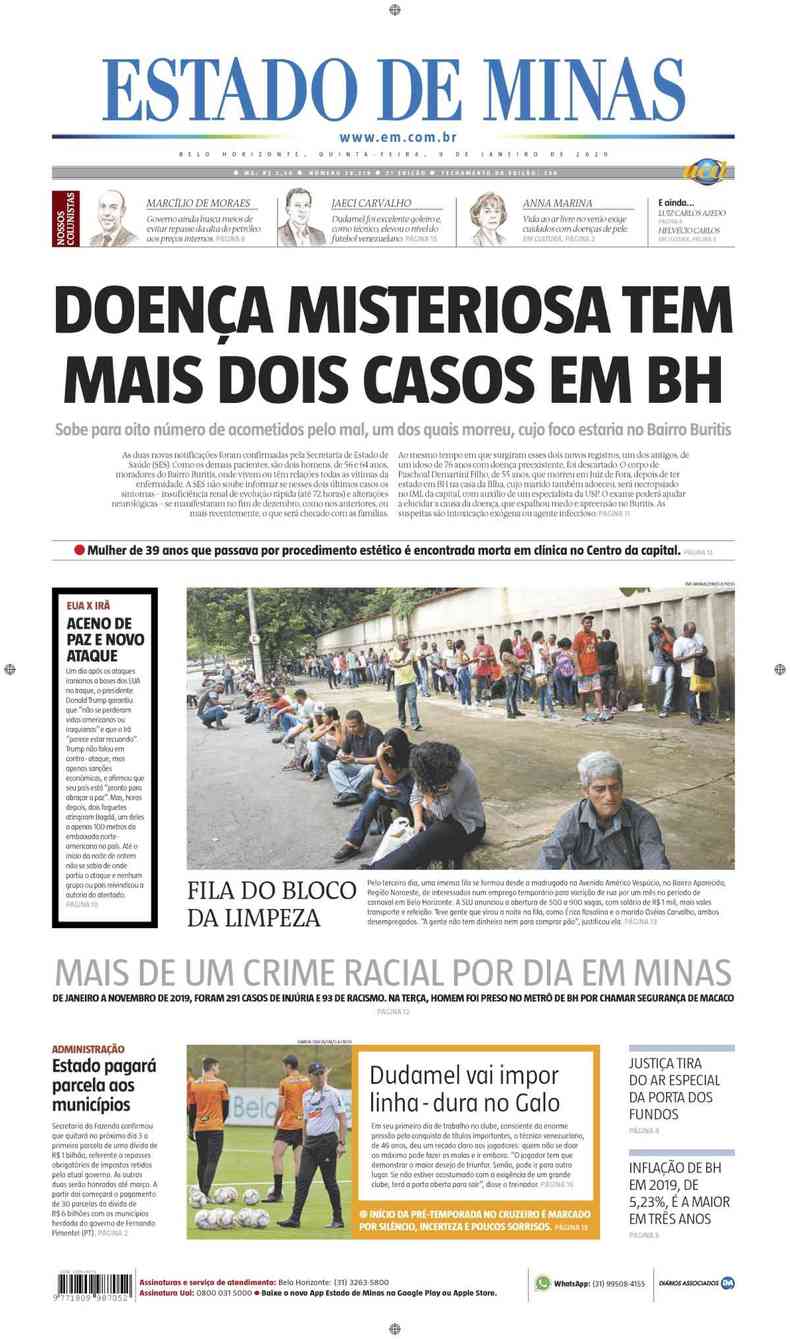 Confira a Capa do Jornal Estado de Minas do dia 09/01/2020(foto: Estado de Minas)
