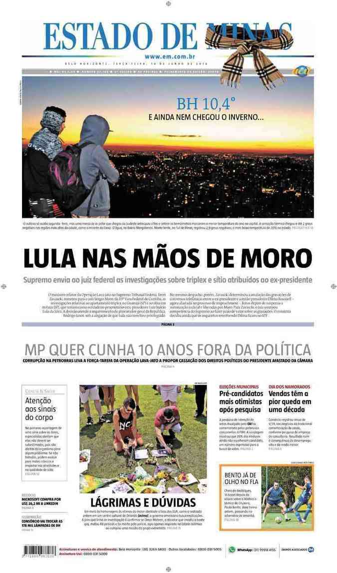 Confira a Capa do Jornal Estado de Minas do dia 14/06/2016