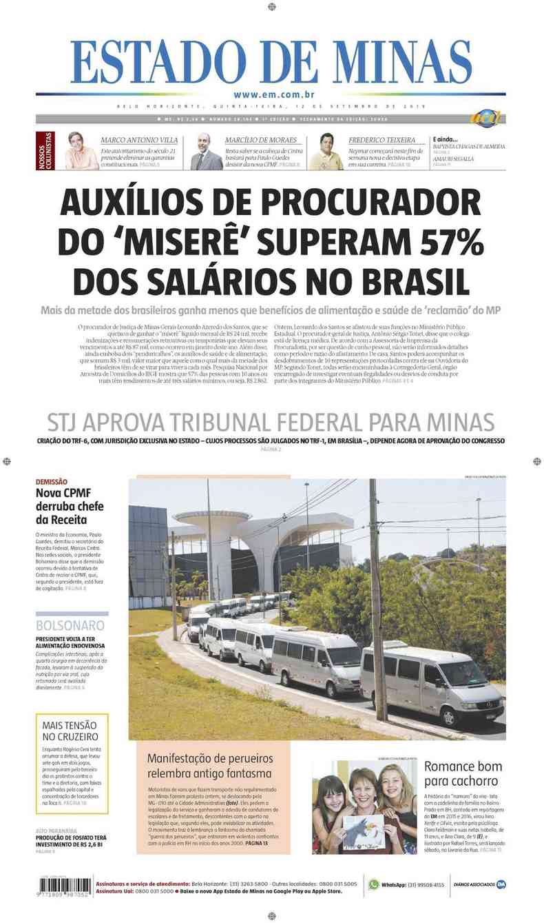 Confira a Capa do Jornal Estado de Minas do dia 12/09/2019(foto: Estado de Minas)