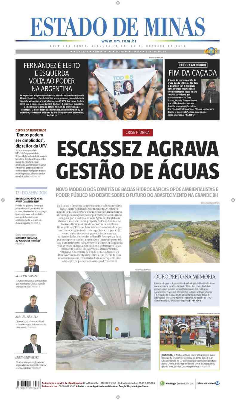 Confira a Capa do Jornal Estado de Minas do dia 28/10/2019(foto: Estado de Minas)