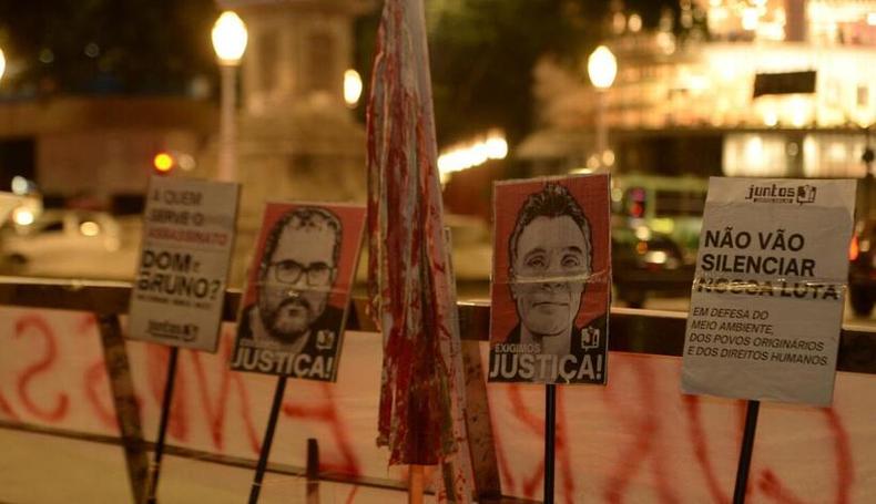 Manifestao na Praa 7, Centro de BH, nesta segunda-feira (20/6) pede justia por Dom Phillips e Bruno Pereira