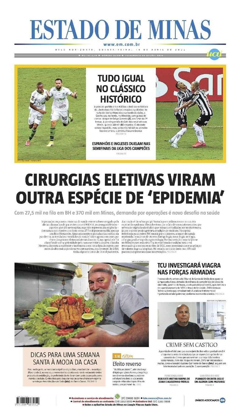 Confira a Capa do Jornal Estado de Minas do dia 14/04/2022