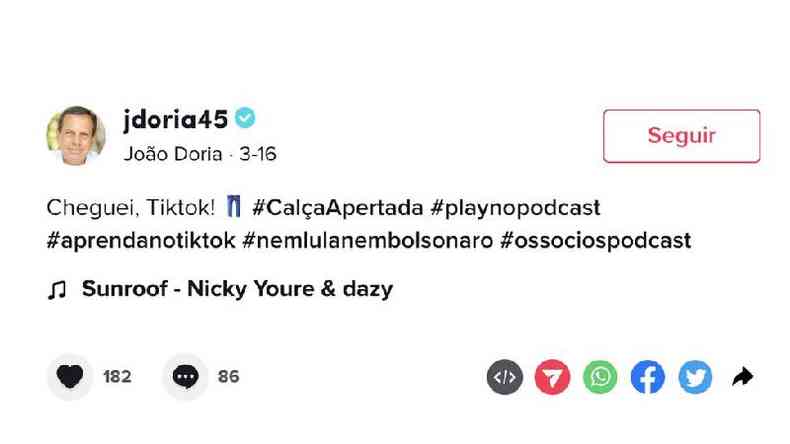 Post de Doria dizendo: Cheguei, Tiktok! #CalaApertada #playnopodcast....
