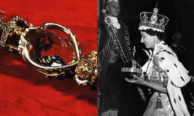 Colagem de duas fotos do Cetro Real Britnico.  esquerda, o cetro sozinho, feito de ouro e com o diamante ao centro em um fundo vermelho.  direita, a rainha Elizabeth II segura o centro em uma das mos enquanto caminha.